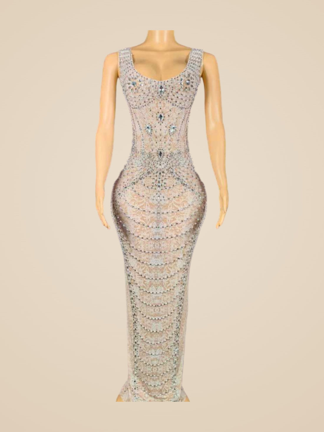 Calypso · Vestido midi de cristales plateados con tirantes anchos y escote cuadrado