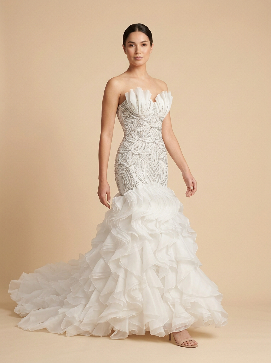 Aurora · Vestido de novia sirena con perlas y volantes de organza
