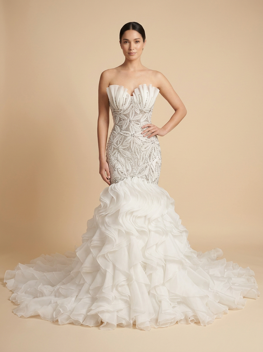 Aurora · Vestido de novia sirena con perlas y volantes de organza