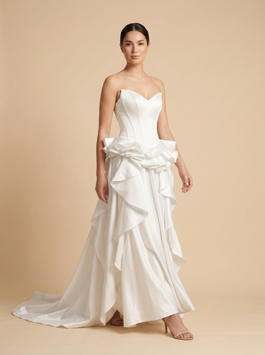 Carolina · Vestido de novia de satén con escote corazón y falda de volantes en capas