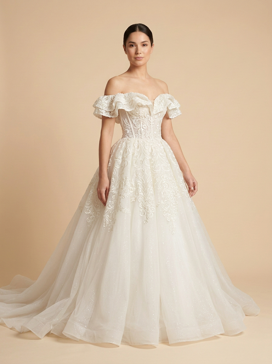 Daniela · Vestido de novia princesa de hombros descubiertos con pedrería y lentejuelas