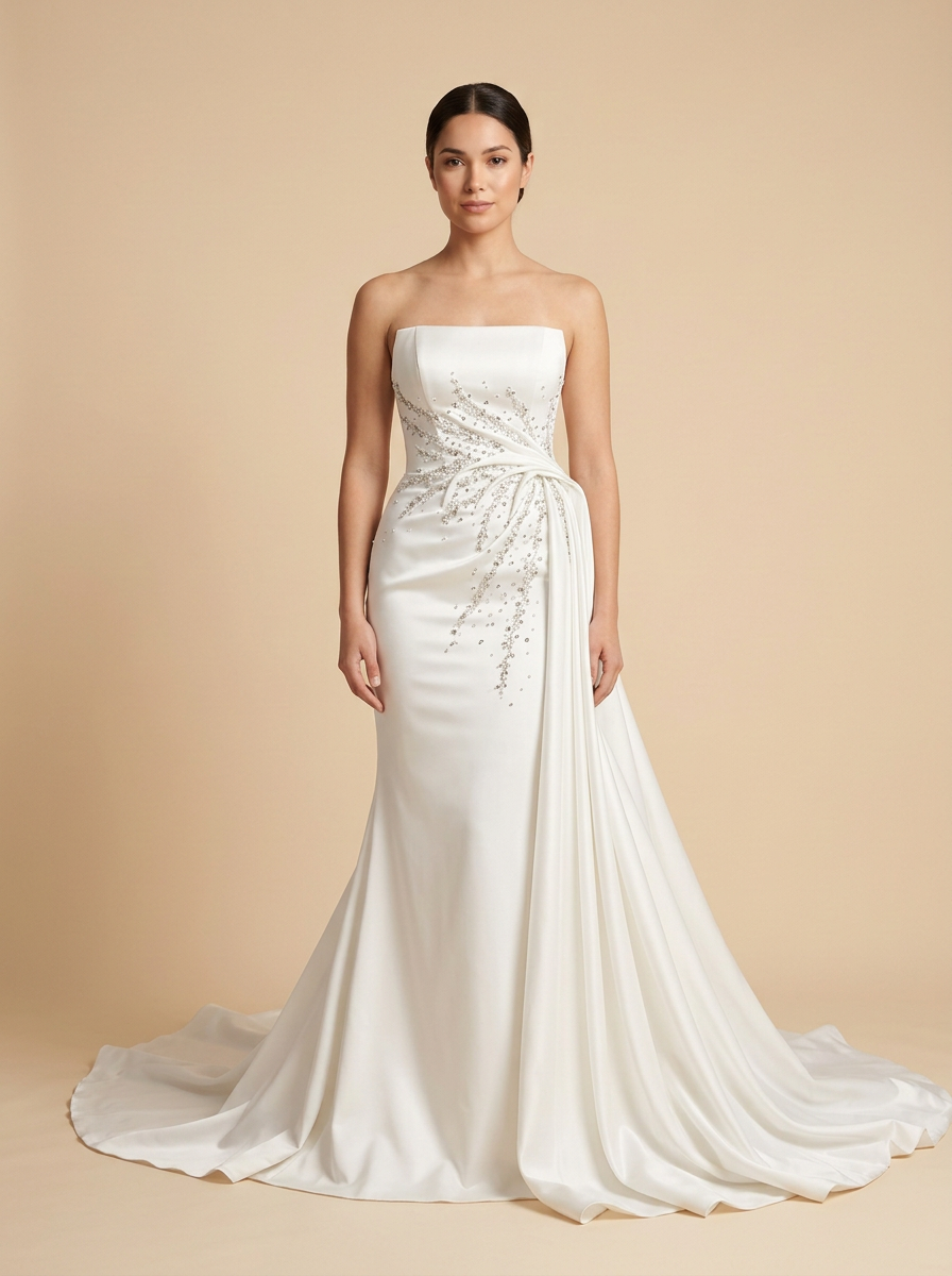 Elena · Vestido de novia de satén minimalista con pedrería y lazo lateral