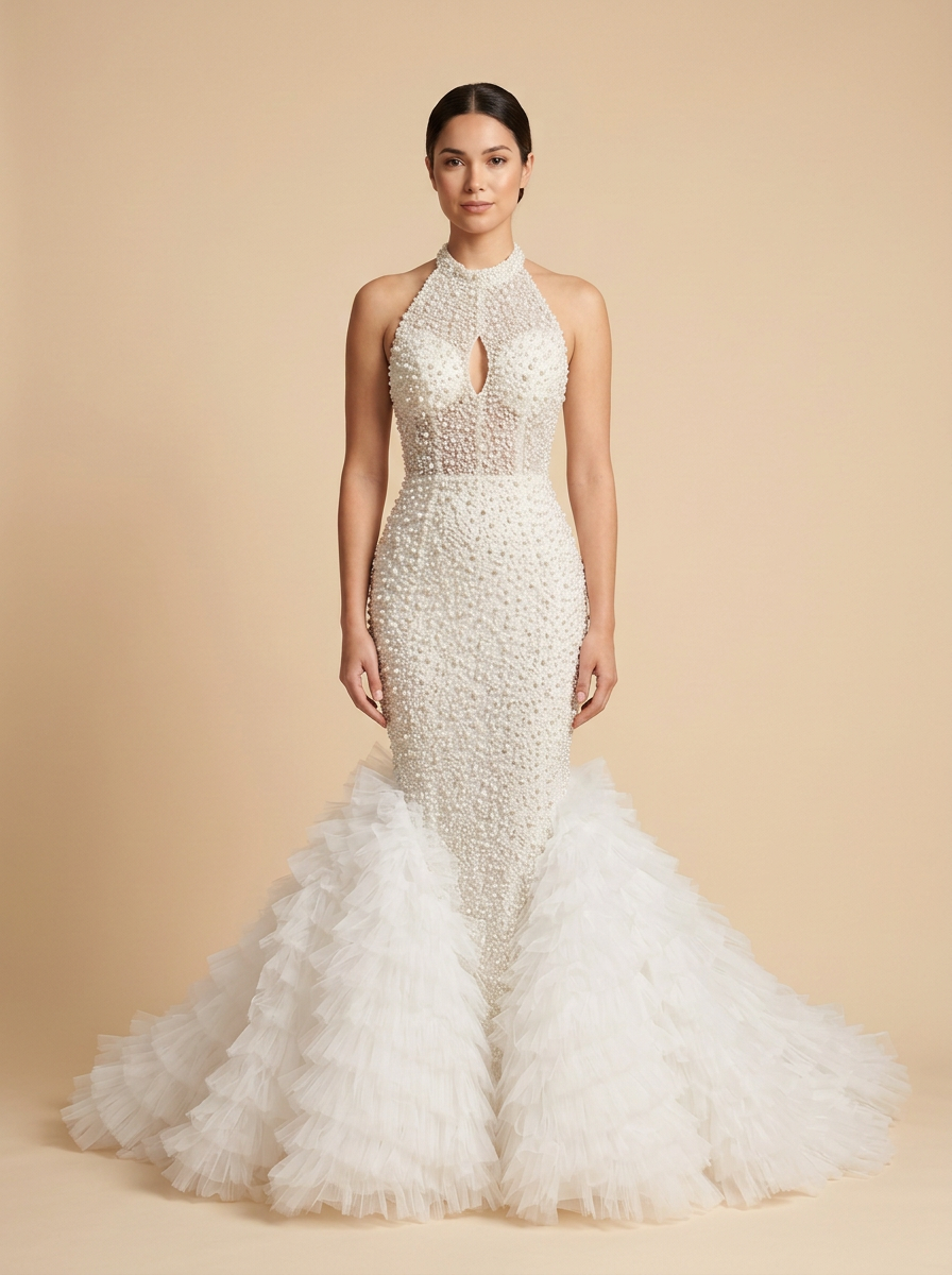 Isabella · Vestido de novia sirena halter con tul de volantes y mangas desmontables