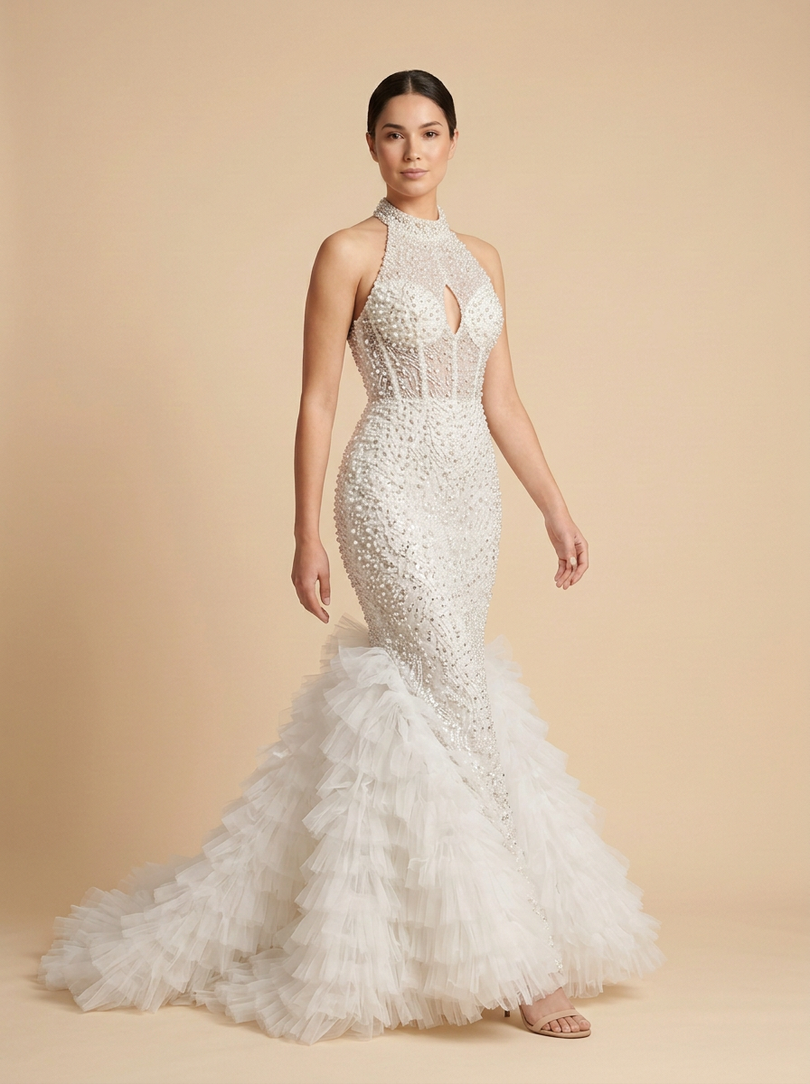 Isabella · Vestido de novia sirena halter con tul de volantes y mangas desmontables