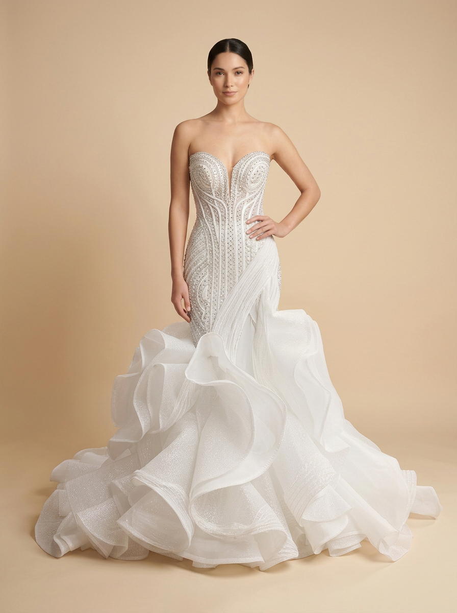 Mariana · Vestido de novia sirena de satén y organza con volantes y cuentas