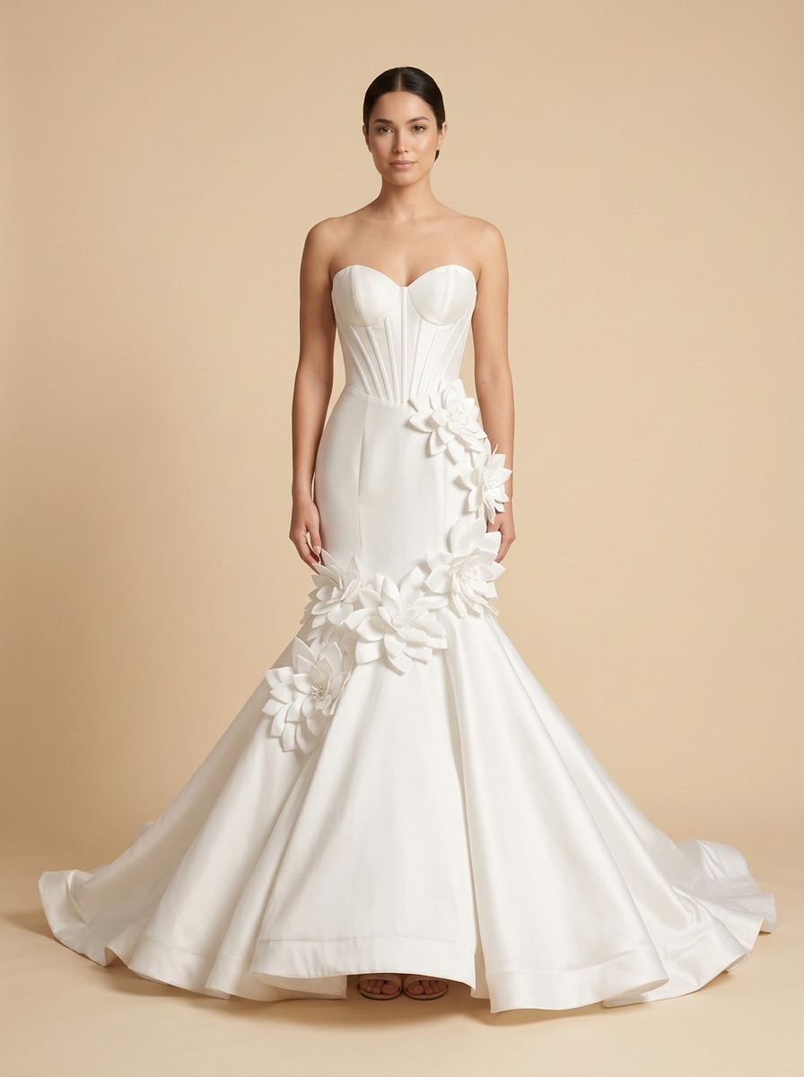 Valentina · Vestido de novia sirena de satén con apliques florales 3D hechos a mano