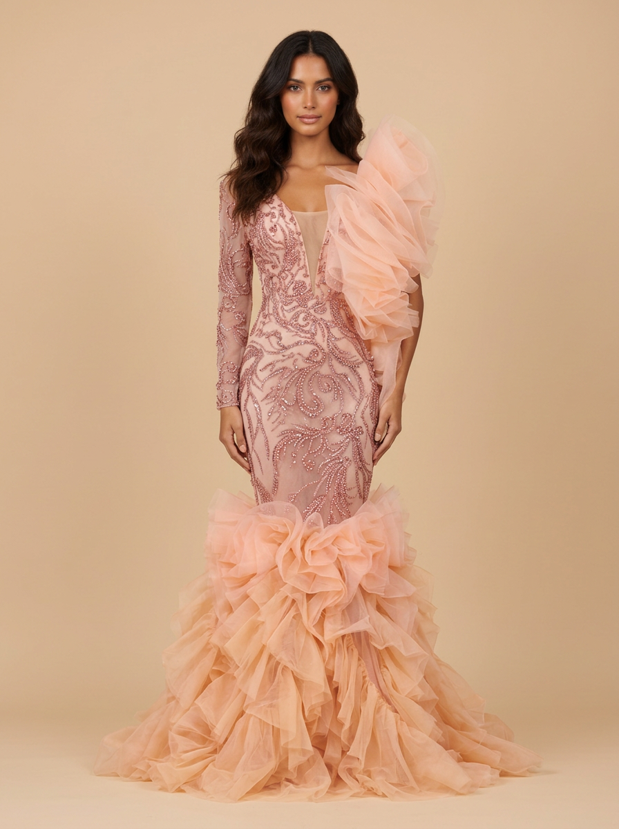 Valeria · Vestido de quinceañera sirena rosa melocotón con lentejuelas y pedrería