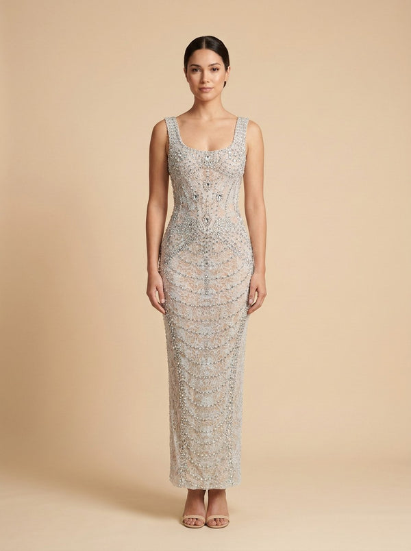 Calypso · Vestido midi de cristales plateados con tirantes anchos y escote cuadrado