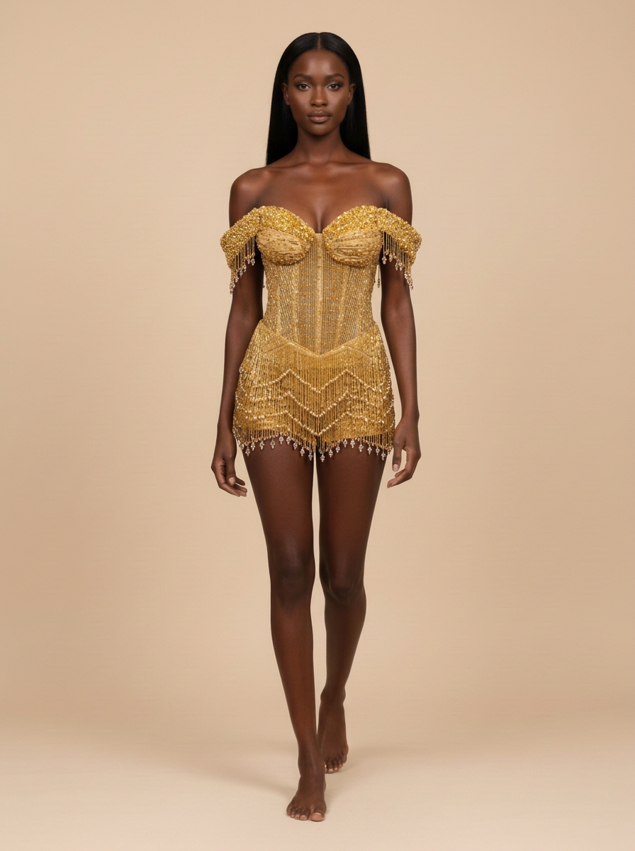 Charlotte · Vestido mini dorado de lentejuelas con corsé y flecos