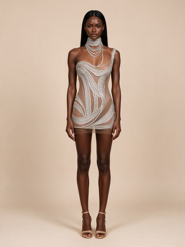 Atenea · Vestido mini de malla nude con espirales de cristal y collar de pedrería