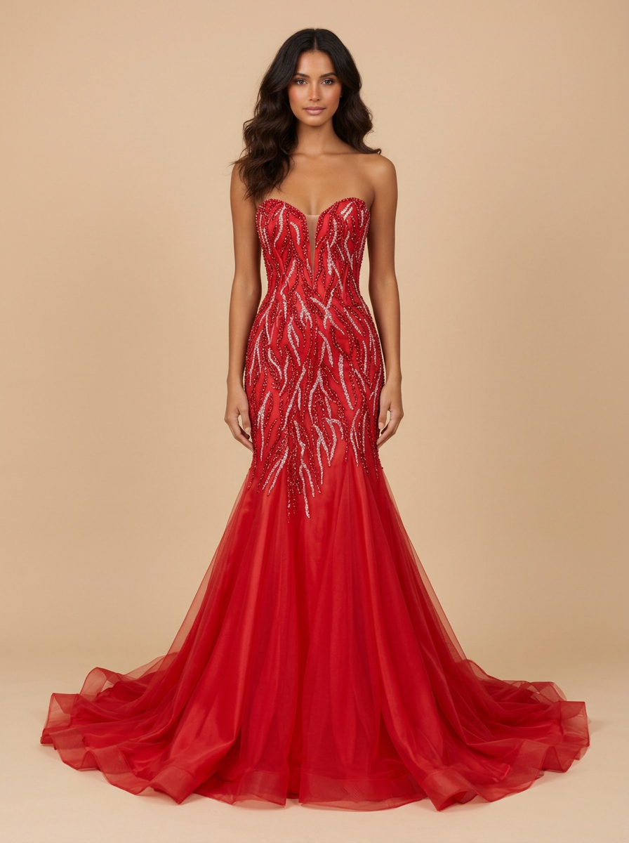 Carmen · Vestido de gala sirena rojo de lentejuelas y pedrería con falda de tul