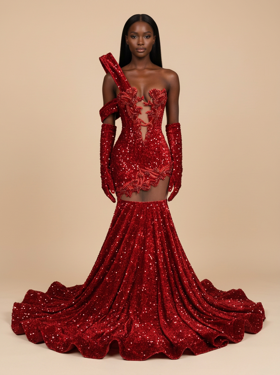 Granate · Vestido de gala rojo con cuentas y cristales