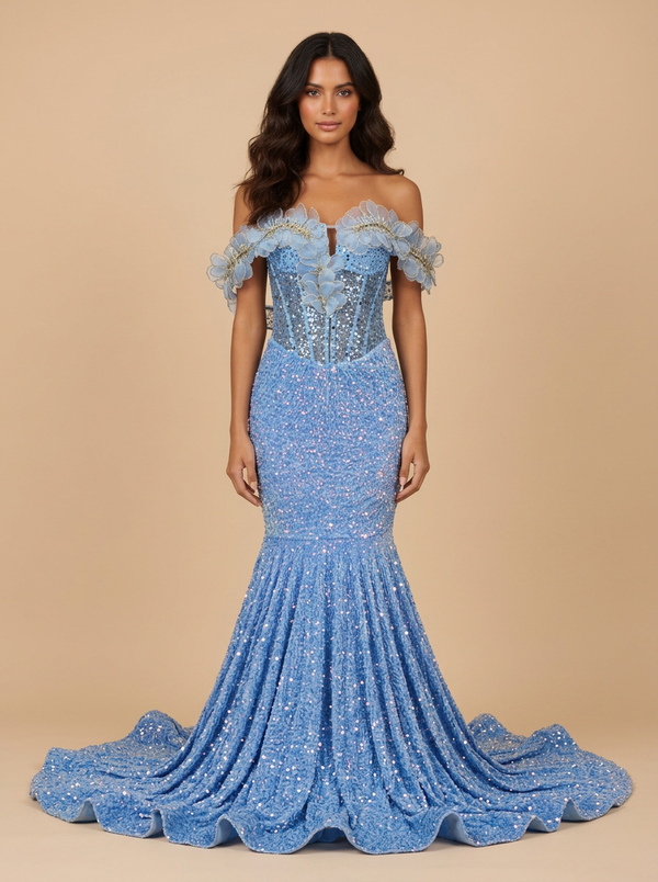 Marina · Vestido de fiesta sirena azul claro brillante de hombros descubiertos