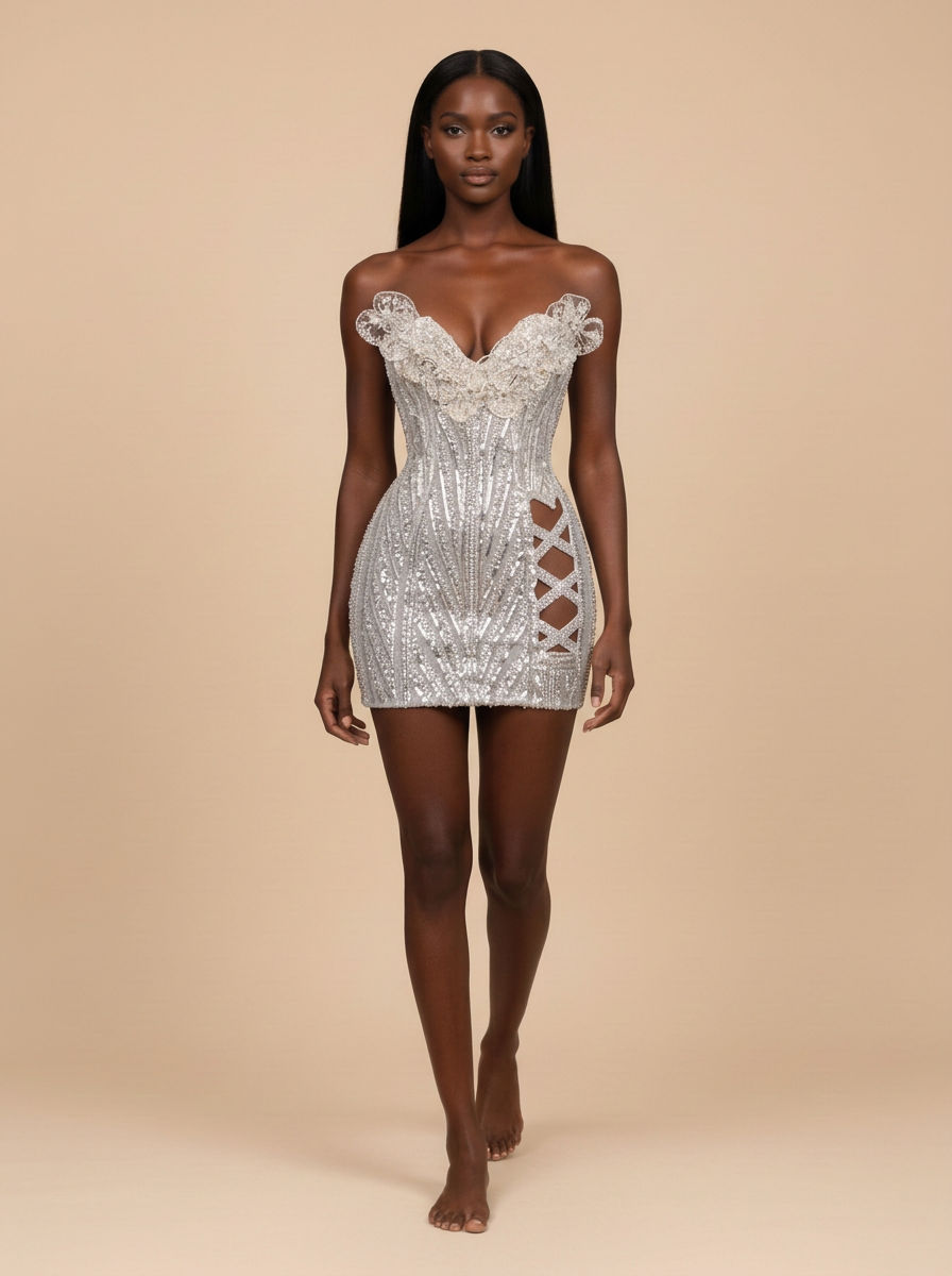 Luna · Vestido corto plateado con cuentas, aberturas y hombros descubiertos