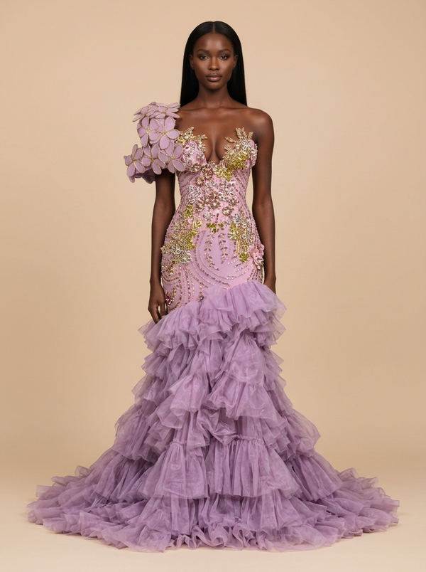 Lavanda · Vestido de fiesta sirena lavanda de un hombro con volantes de tul