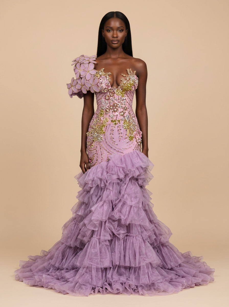 Lavanda · Vestido de fiesta sirena lavanda de un hombro con volantes de tul