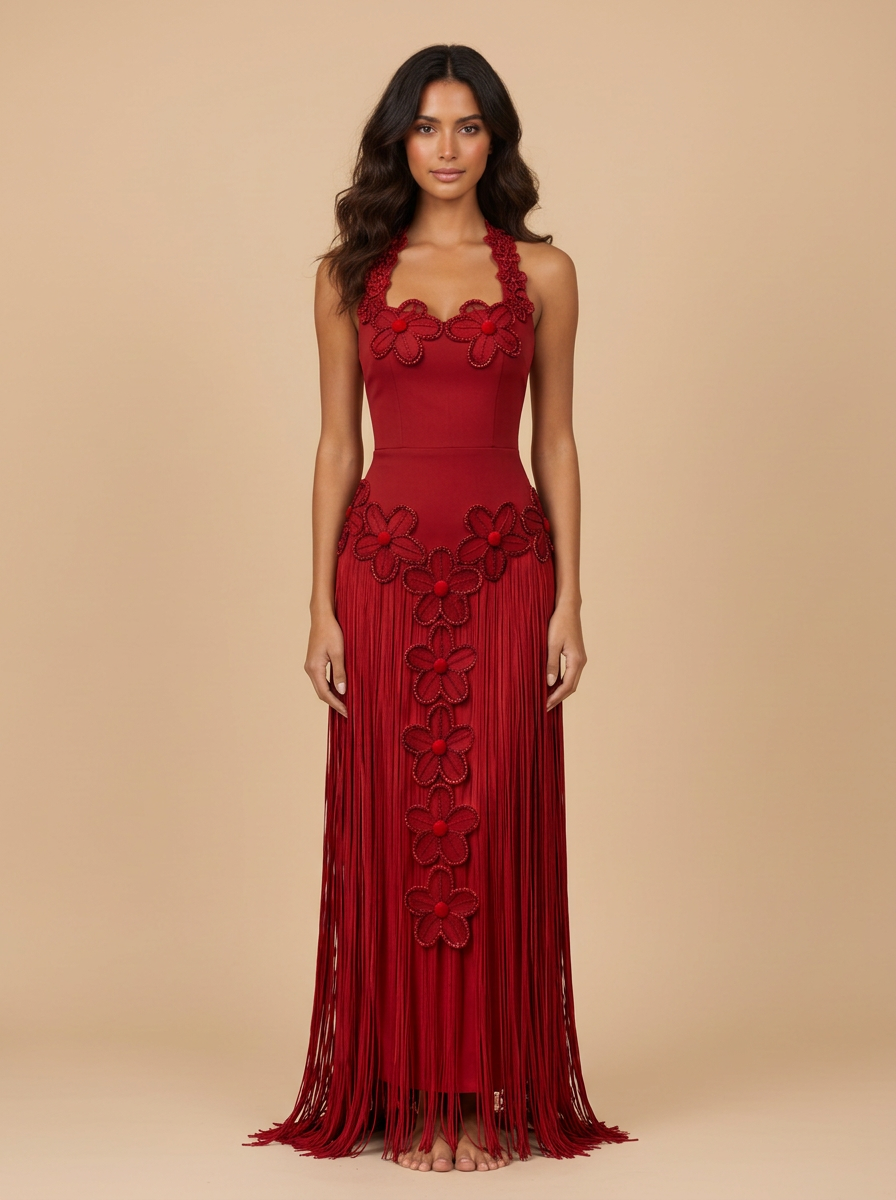 Gatsby · Vestido de noche rojo halter con flecos
