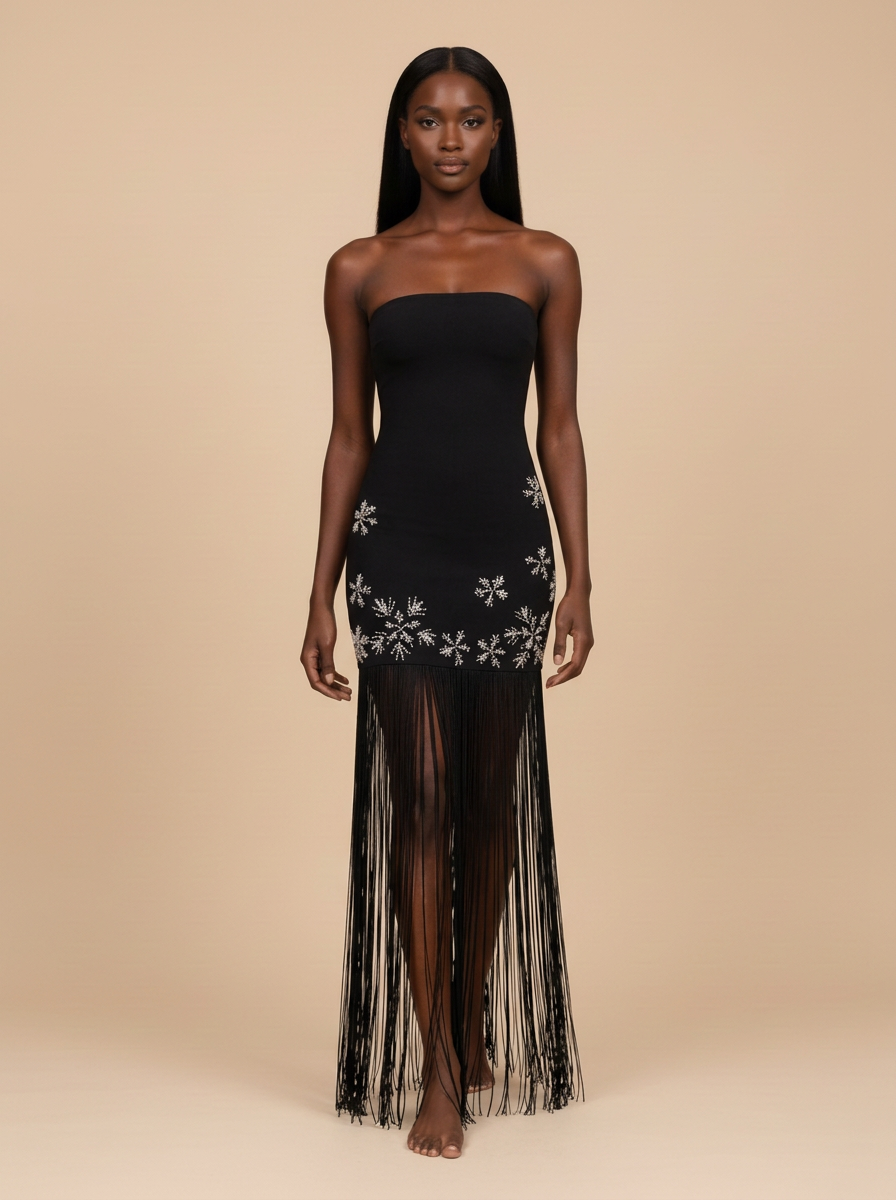 Nevada · Vestido midi negro con flecos de cristal efecto copo de nieve
