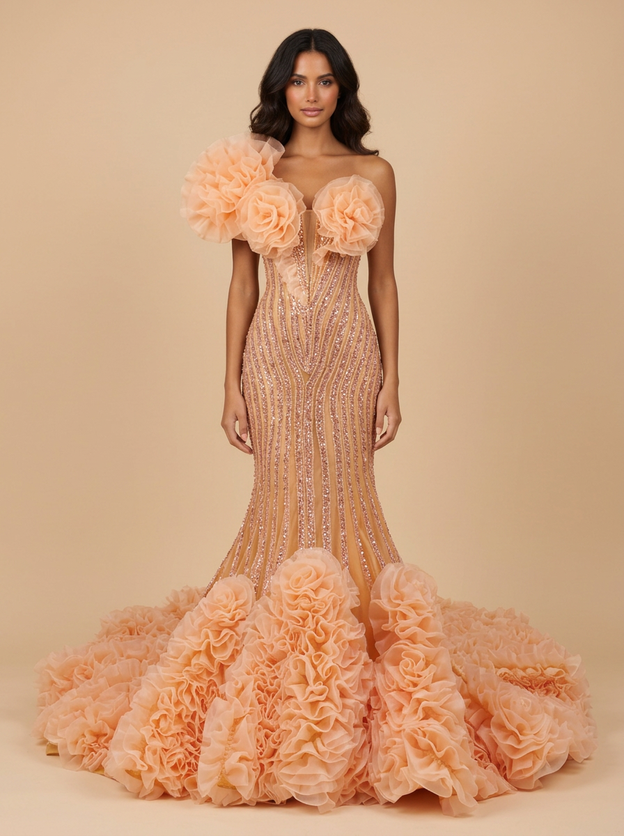 Antonella · Vestido de quinceañera sirena melocotón de encaje con volantes y espalda descubierta