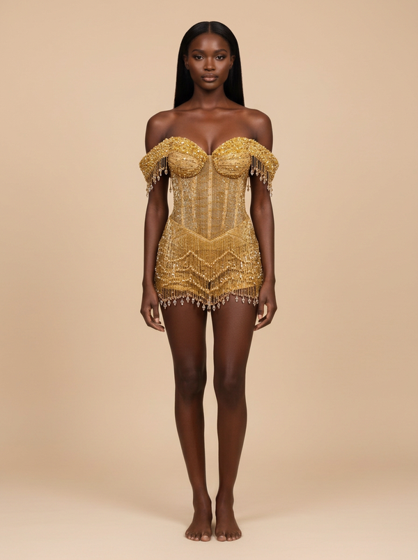 Charlotte · Vestido mini dorado de lentejuelas con corsé y flecos