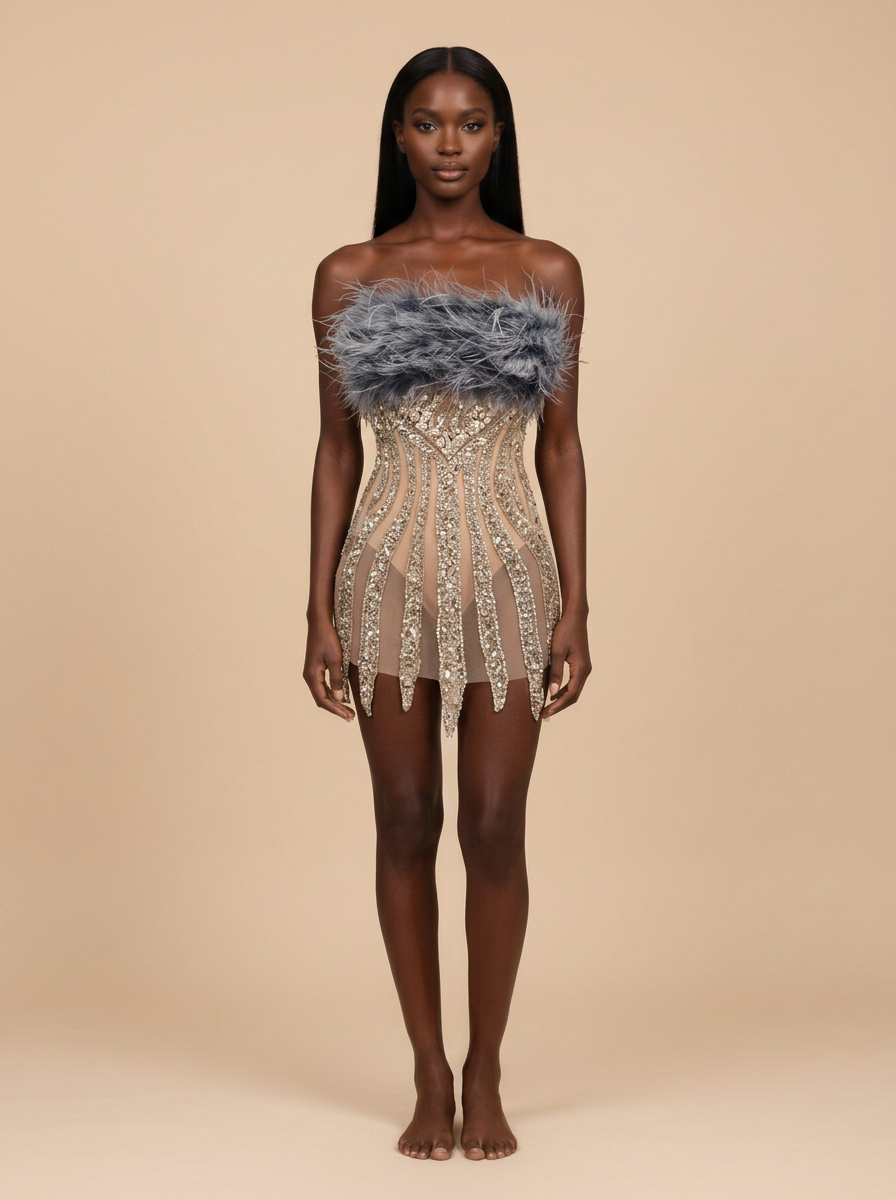 Pluma · Vestido mini plateado de lentejuelas con flecos