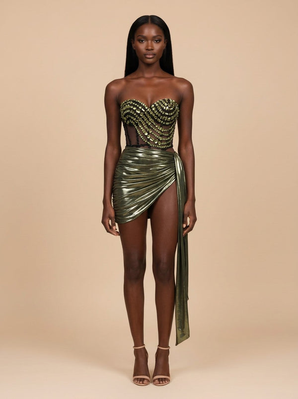 Oliva · Vestido mini con corsé de cristales y falda drapeada verde metalizada