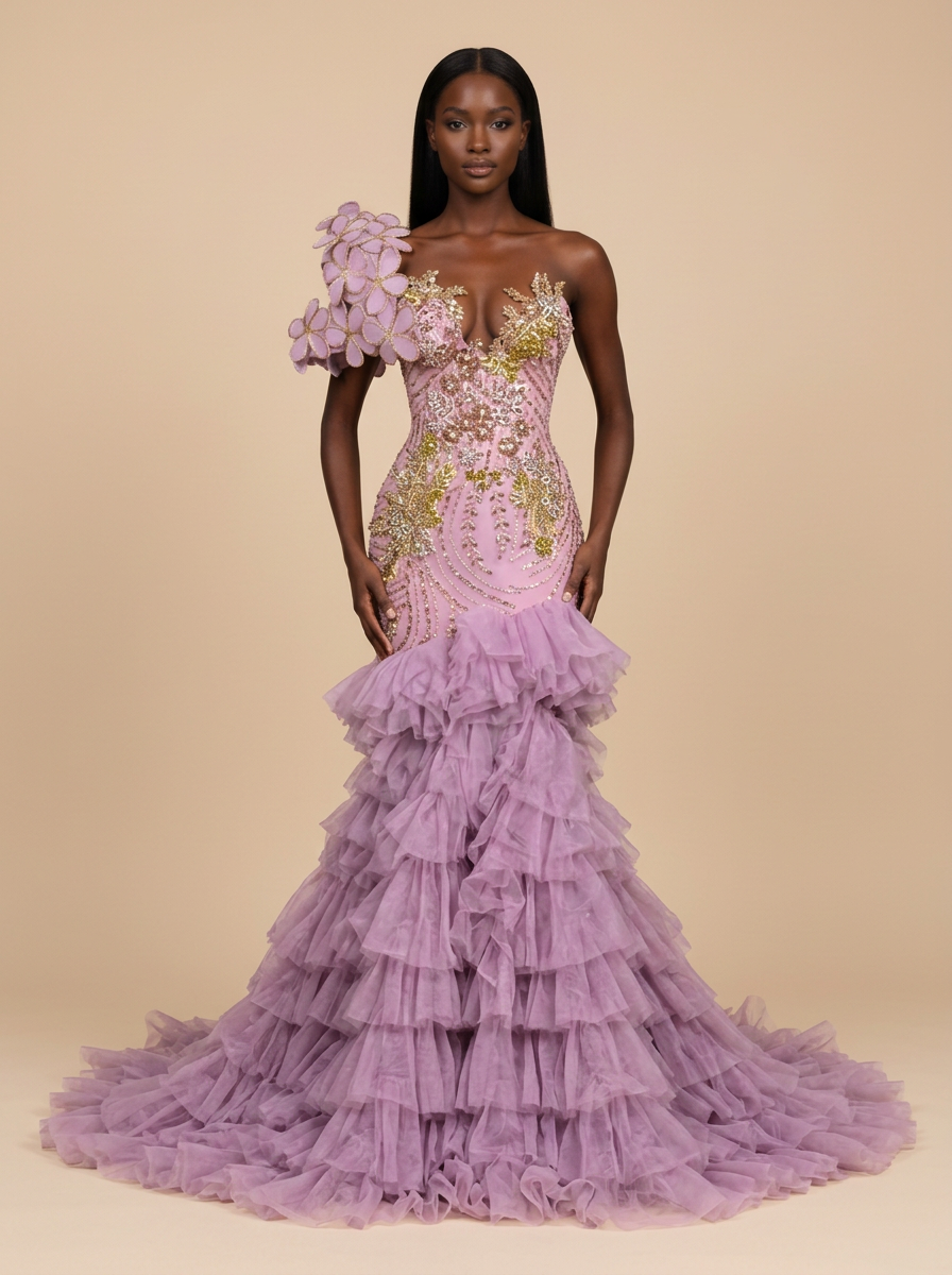 Lavanda · Vestido de fiesta sirena lavanda de un hombro con volantes de tul