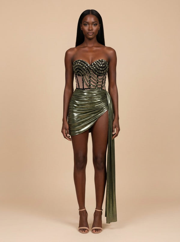 Oliva · Vestido mini con corsé de cristales y falda drapeada verde metalizada