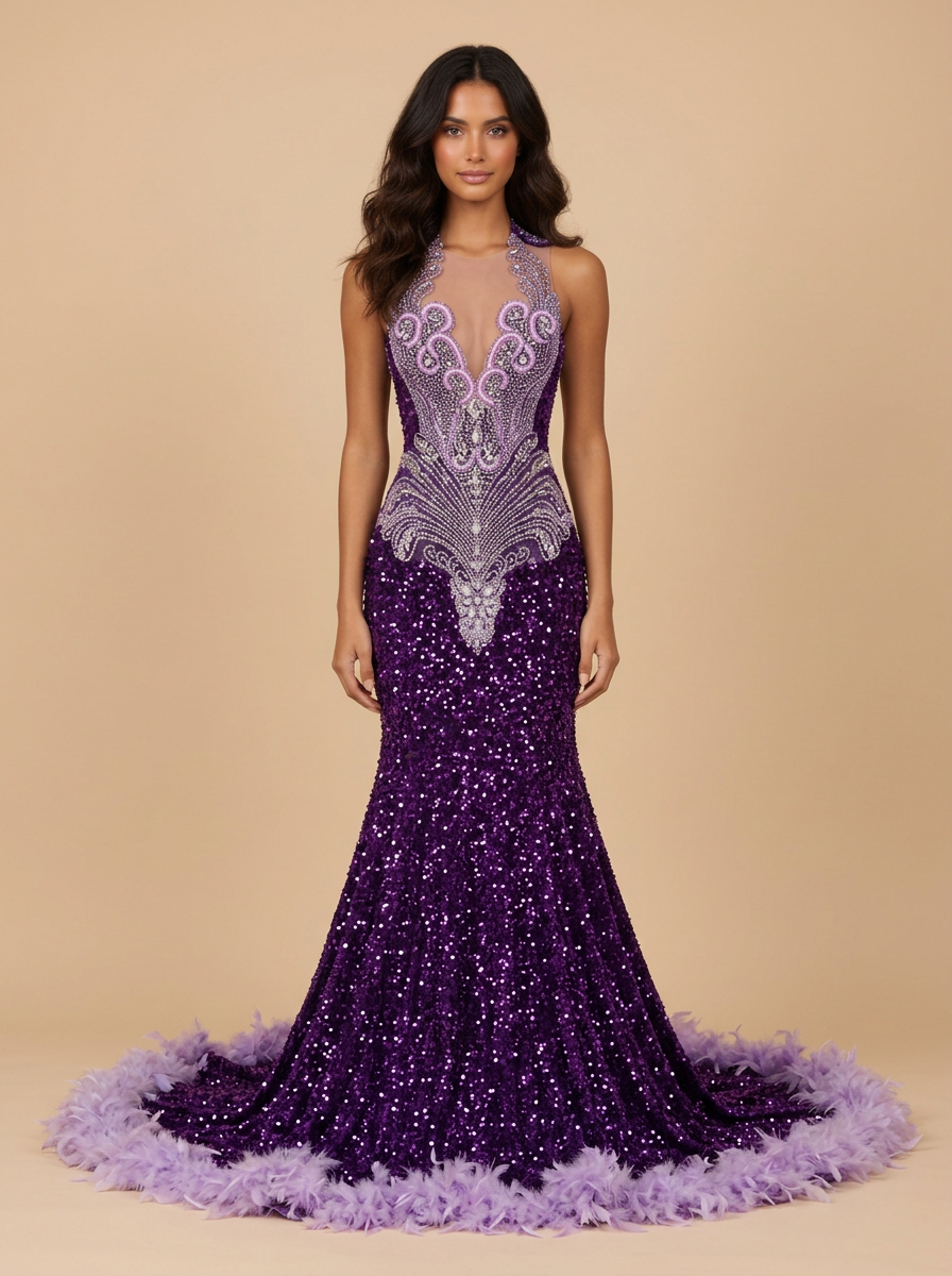 Majestad · Vestido de noche sirena morado de lentejuelas con bajo de plumas