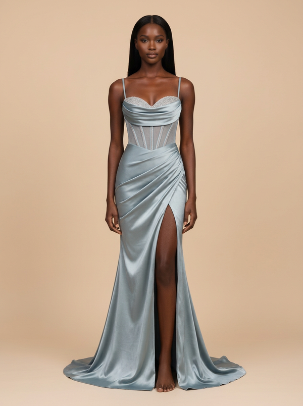 Celia · Vestido de noche sirena azul cielo brillante con escote en V y abertura