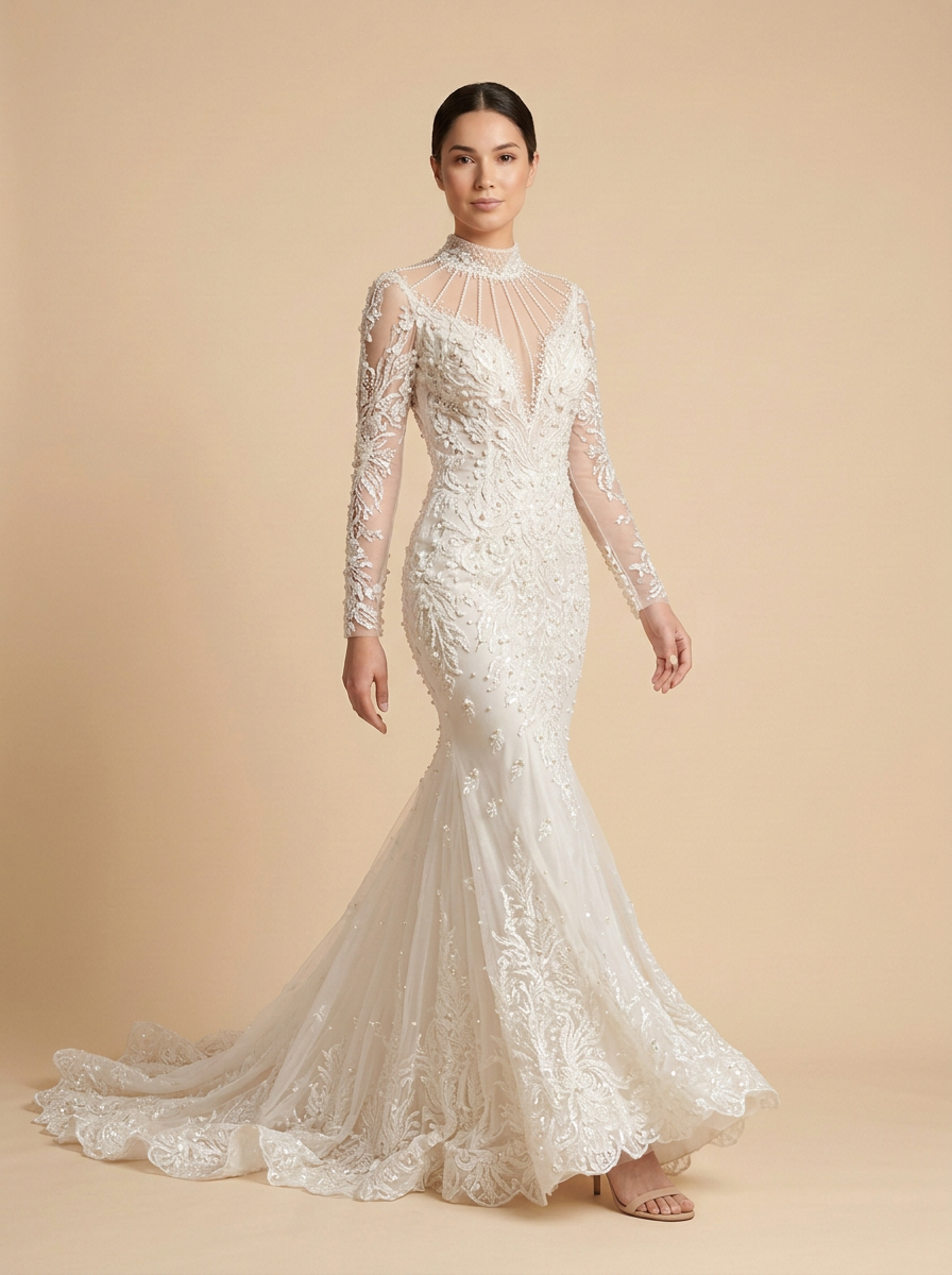 Bianca · Vestido de novia sirena de encaje con perlas, cuentas y flores bordadas
