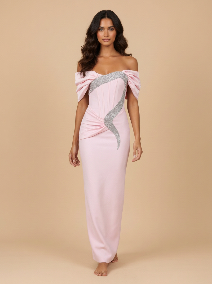 Alma · Vestido midi rosa de hombros descubiertos con corsé y pedrería