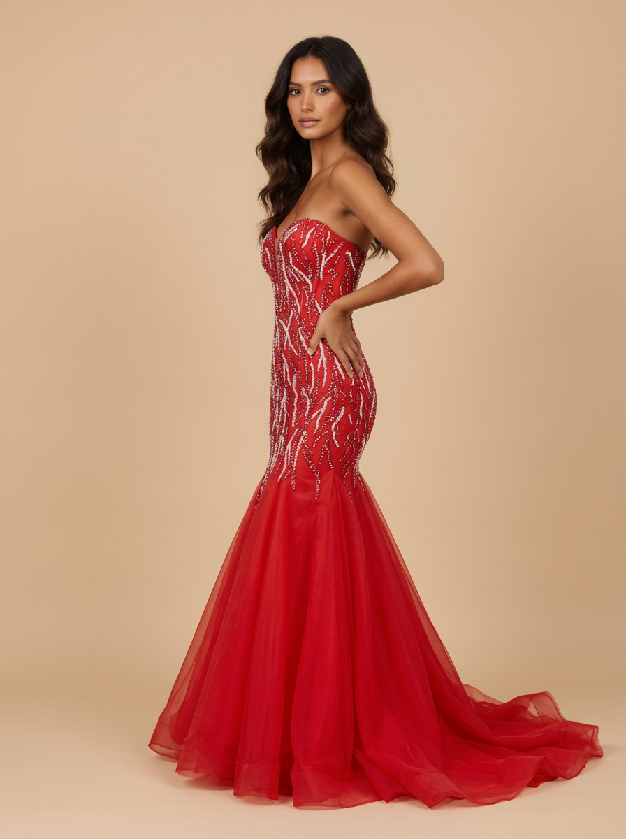Carmen · Vestido de gala sirena rojo de lentejuelas y pedrería con falda de tul