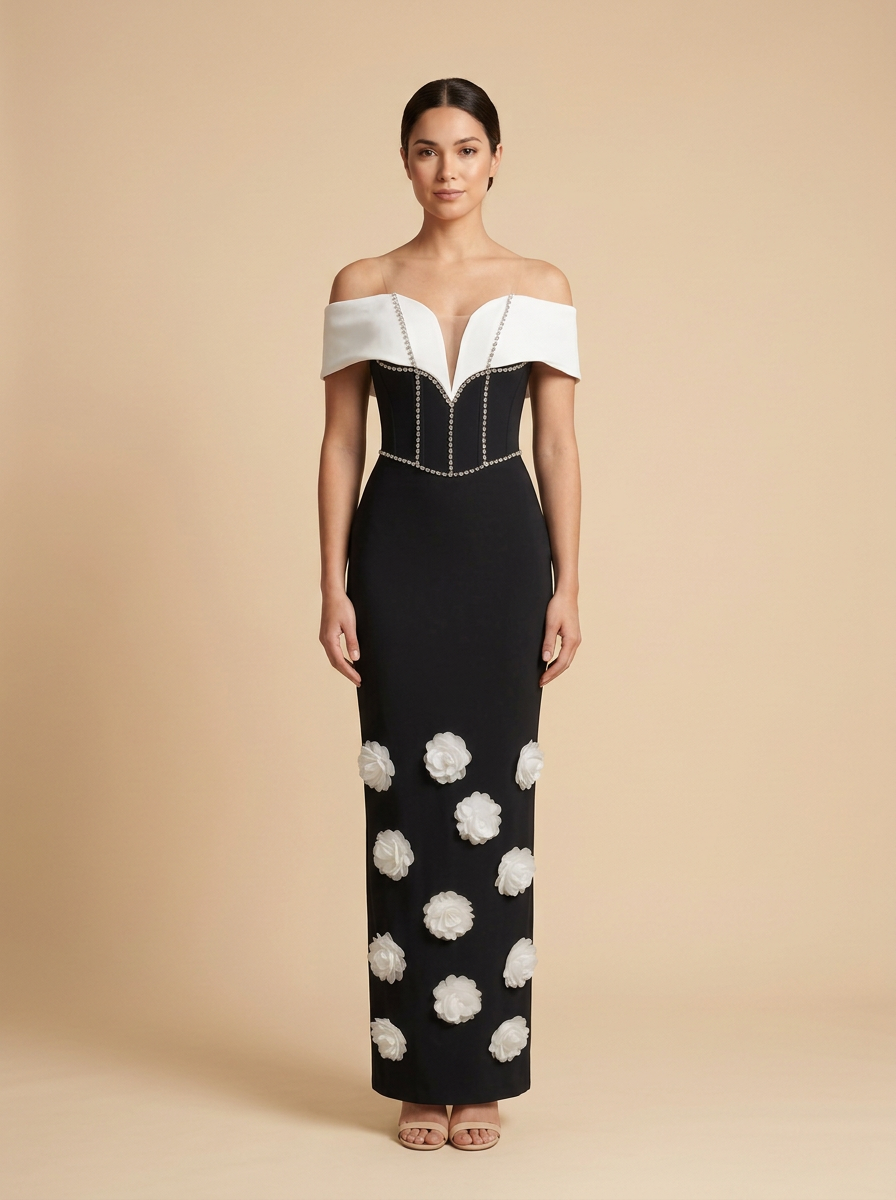 Contraste · Vestido midi negro y blanco con corsé floral