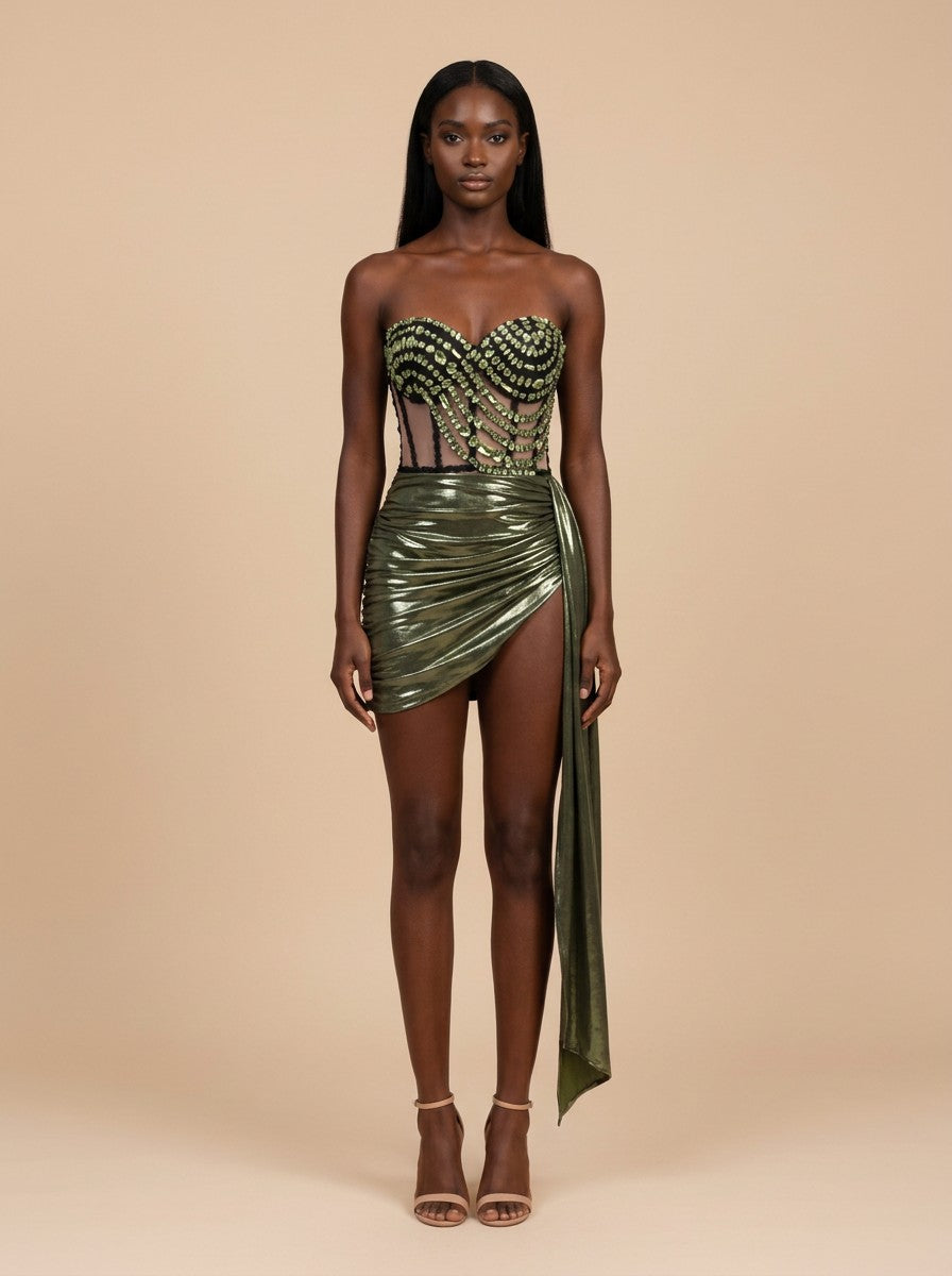 Oliva · Vestido mini con corsé de cristales y falda drapeada verde metalizada