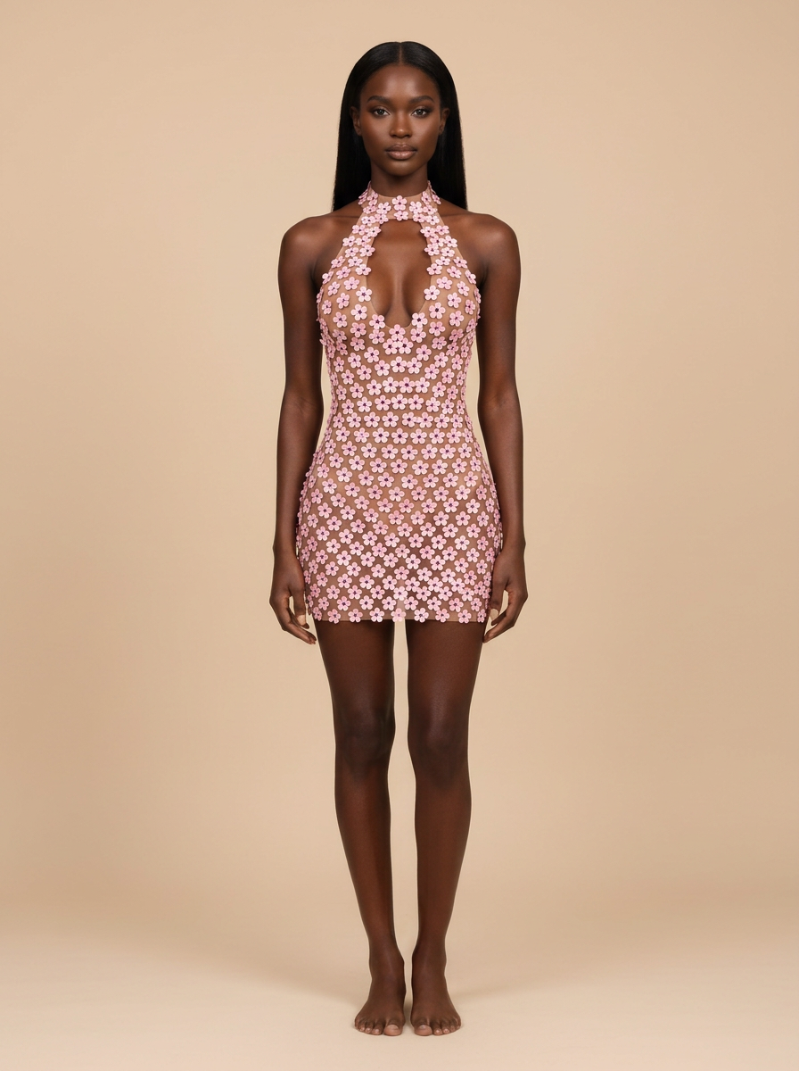 Peonía · Vestido mini rosa halter de malla con flores 3D
