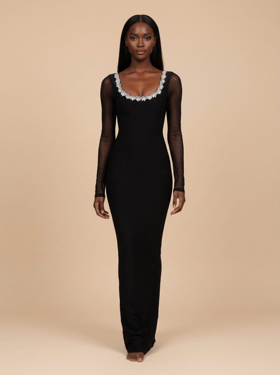 Nala · Vestido midi negro de manga larga con pedrería y flores