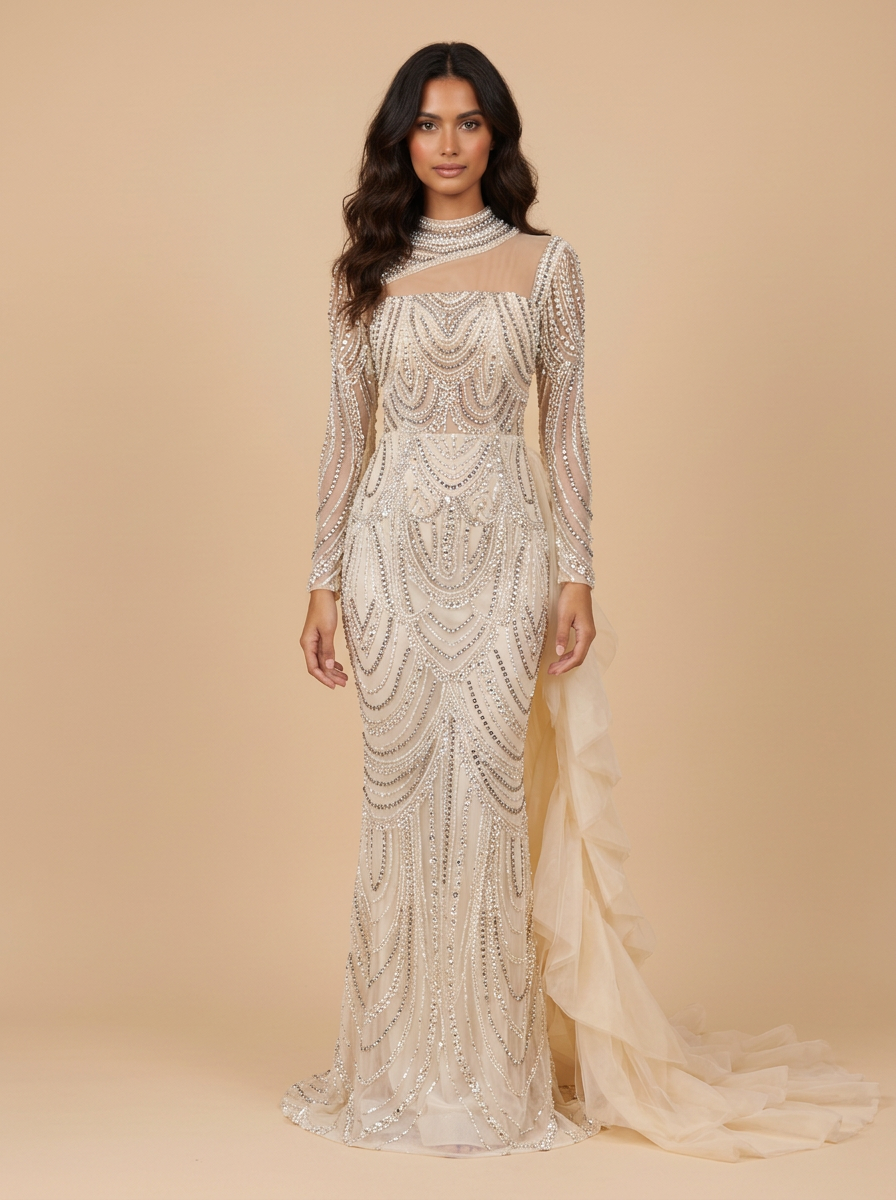 Catalina · Vestido de gala sirena de pedrería con cuello alto, manga larga y cola de tul