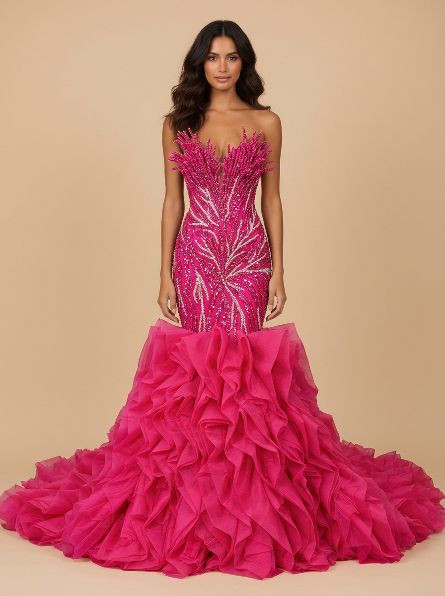 Ximena · Vestido de quinceañera sirena fucsia con flecos de cristal y volantes