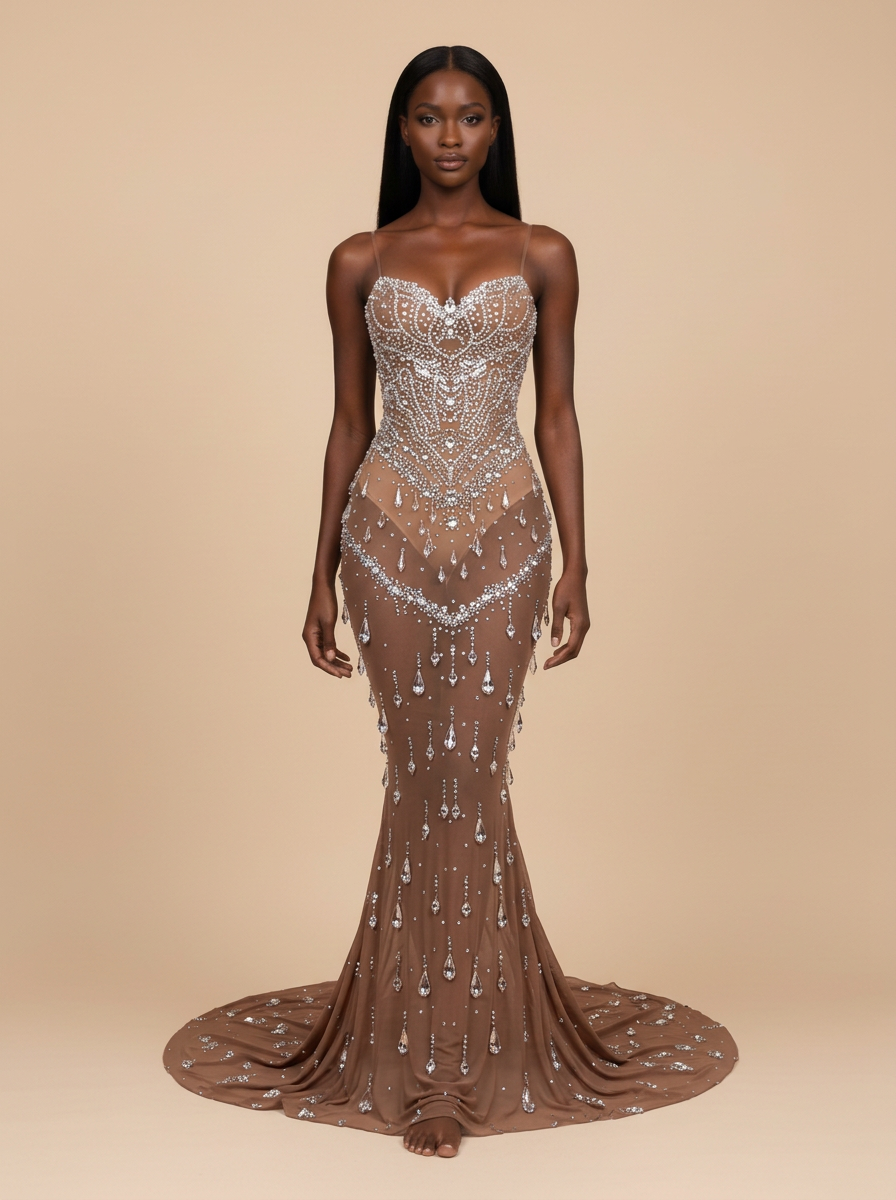 Canela · Vestido de noche sirena marrón de malla con pedrería y espalda descubierta