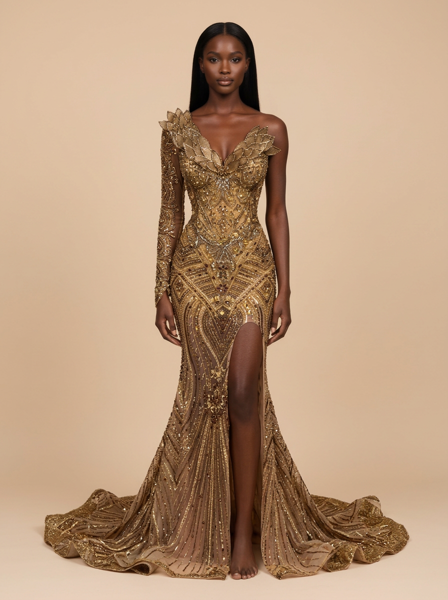 Dalia · Vestido de noche dorado de una manga con lentejuelas y abertura alta