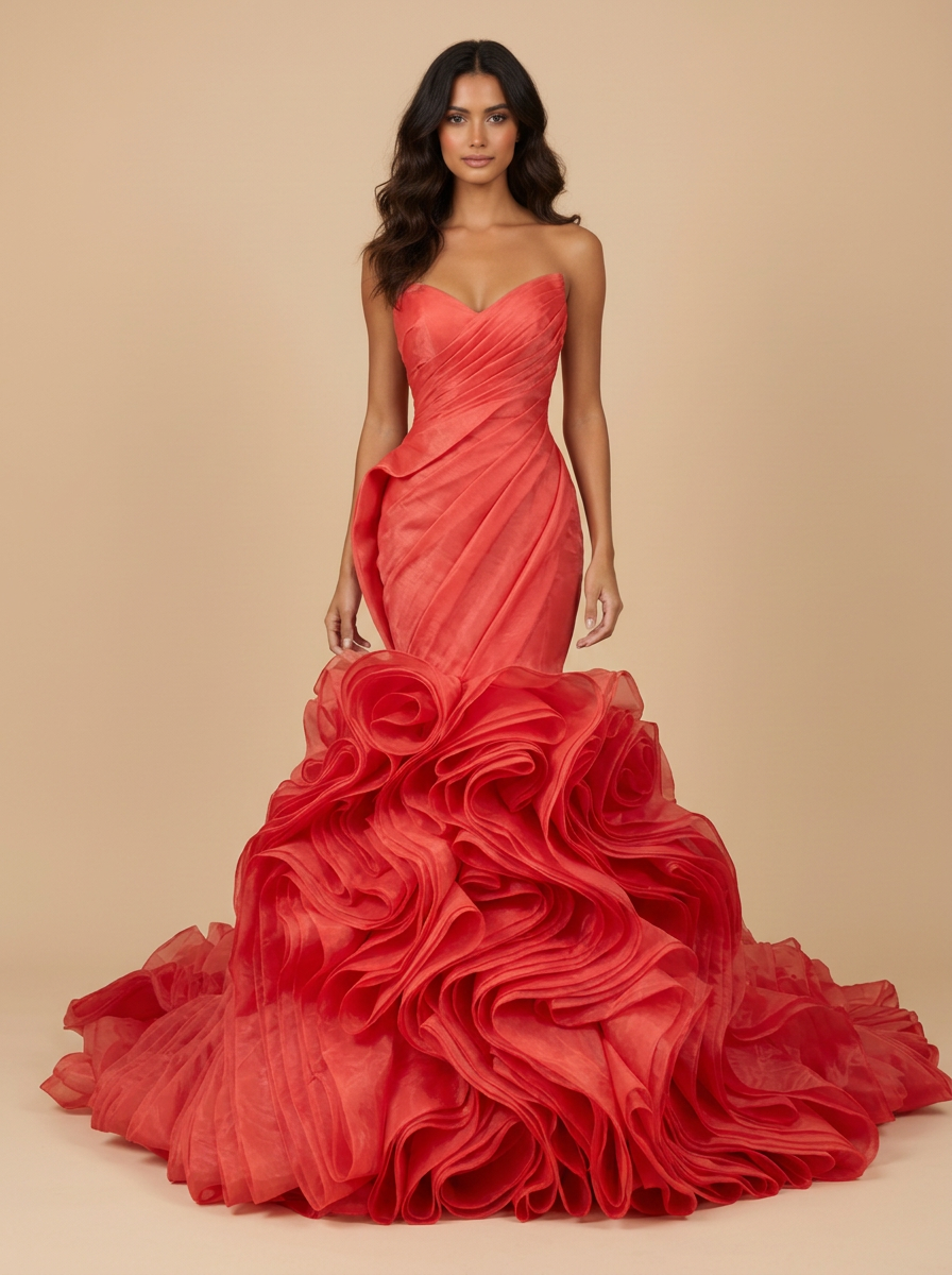 Renata · Vestido de gala sirena rojo de hombros descubiertos con volantes y cola de capilla