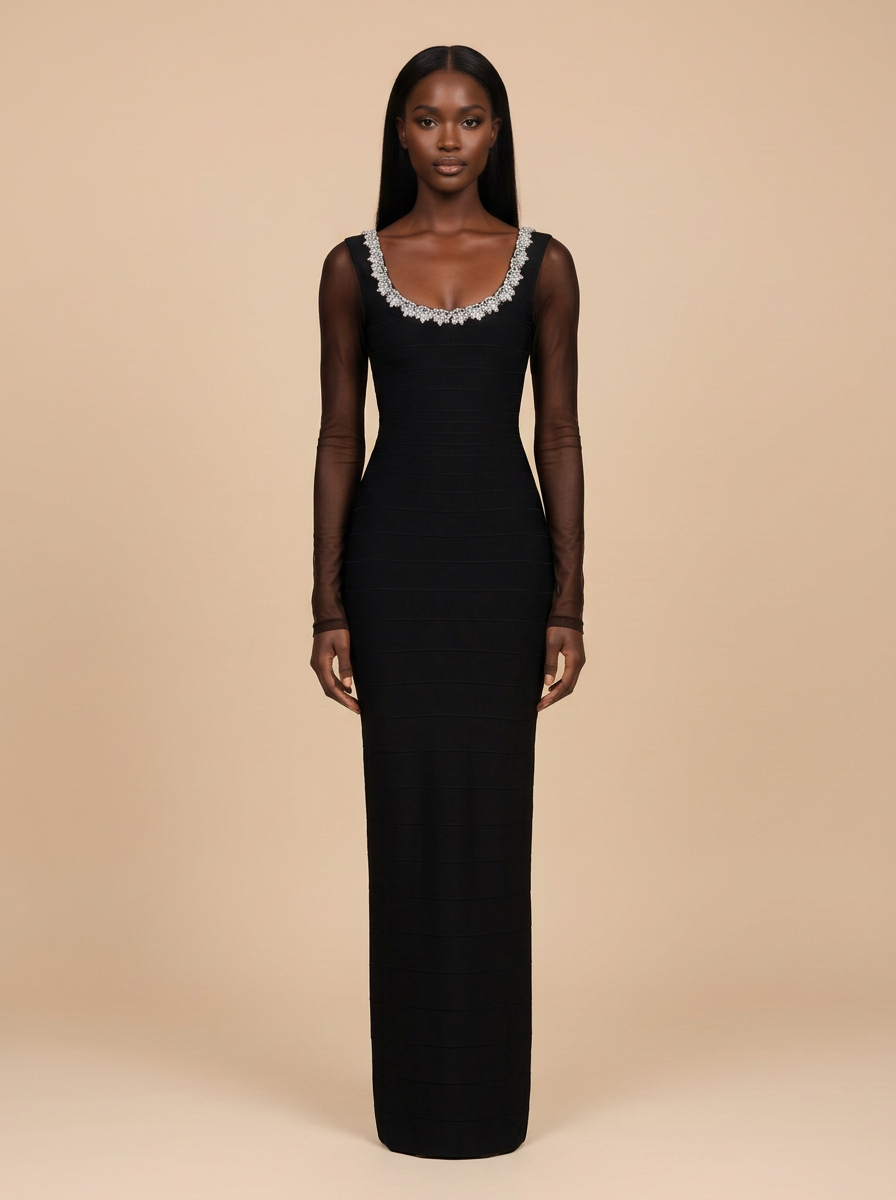 Nala · Vestido midi negro de manga larga con pedrería y flores