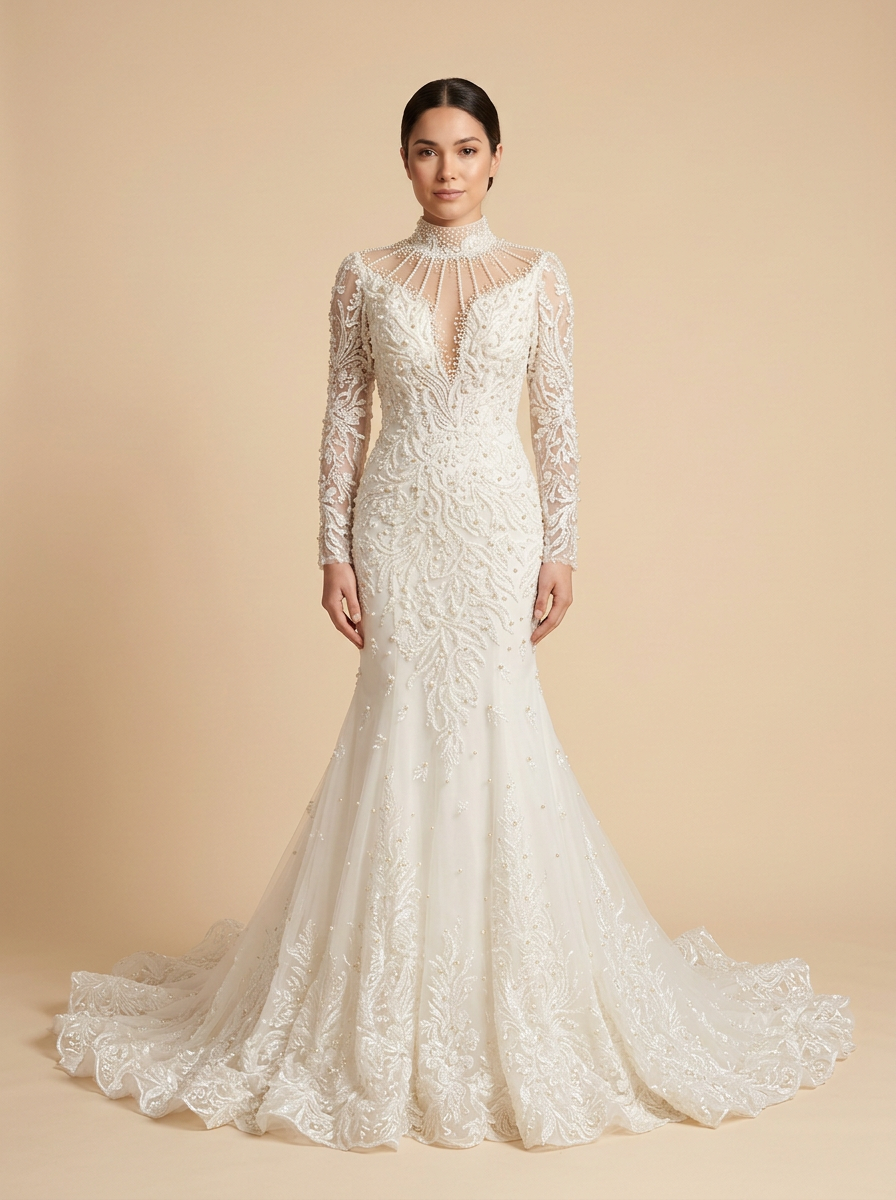Bianca · Vestido de novia sirena de encaje con perlas, cuentas y flores bordadas