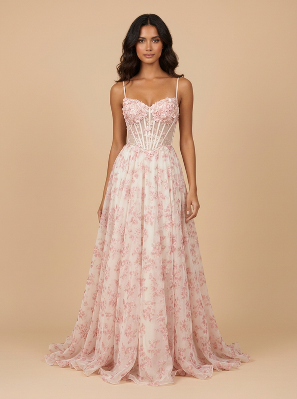 Flora · Vestido de fiesta rosa con corsé floral de gasa y espalda descubierta