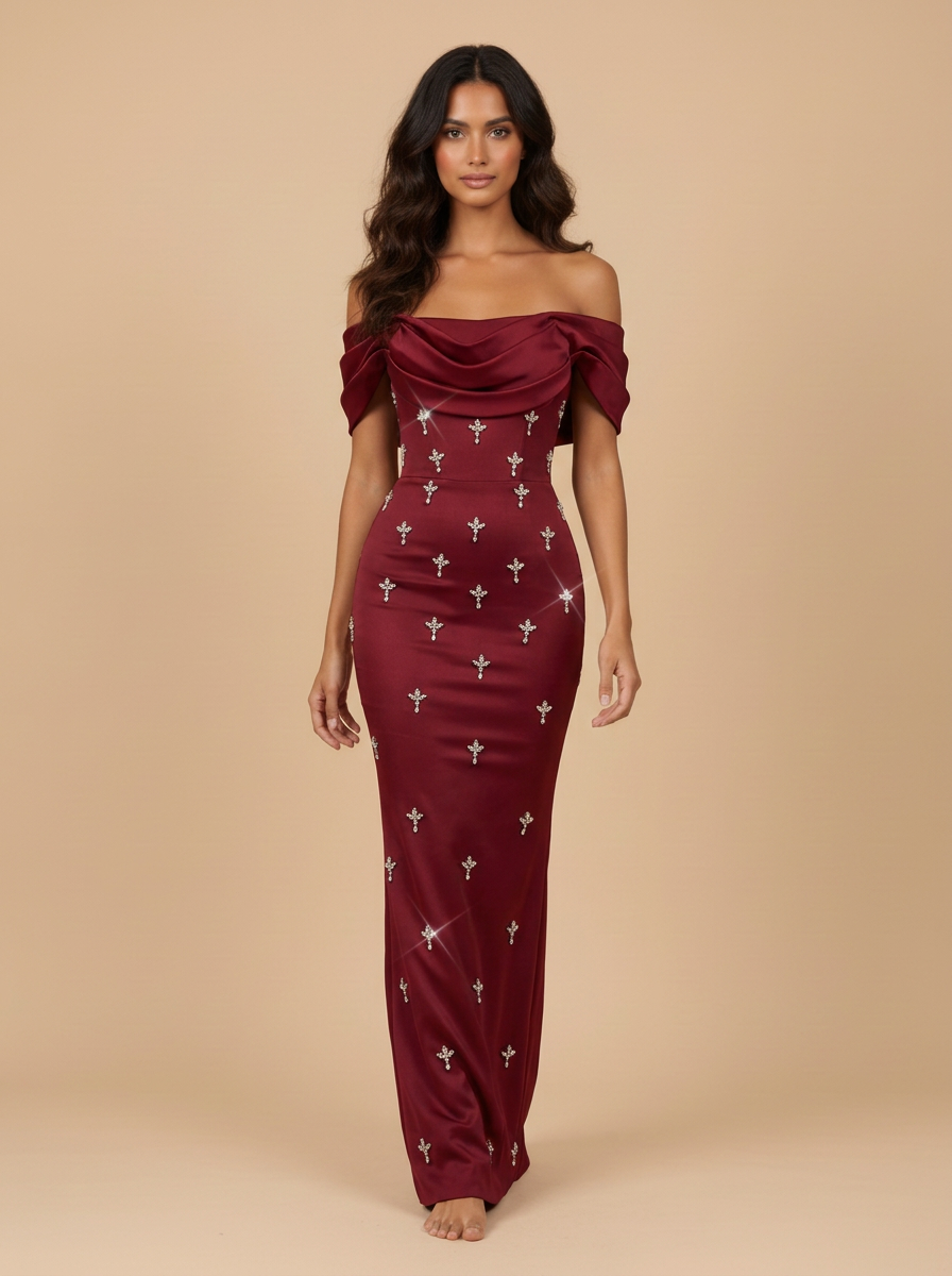 Selene · Vestido de noche sirena burdeos de hombros descubiertos con pedrería