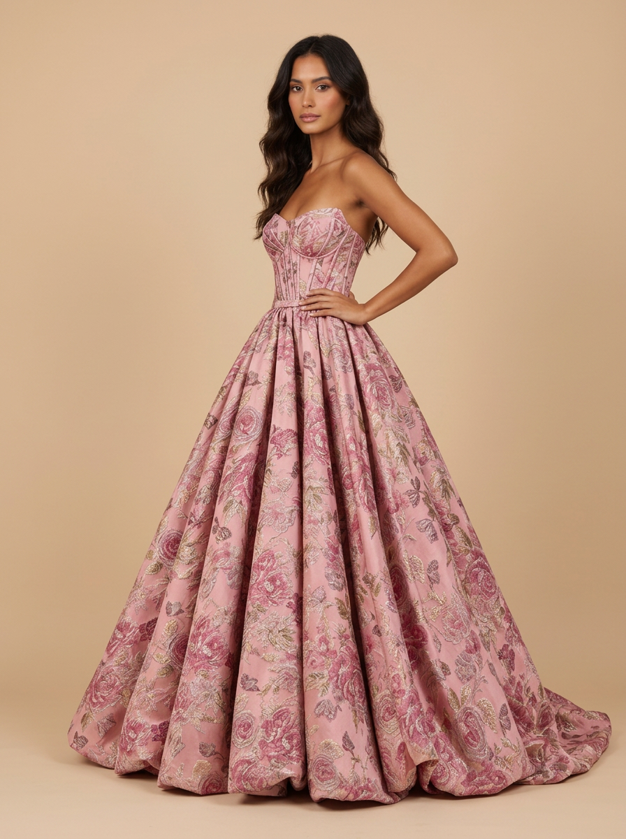 Rosalía · Vestido de gala con escote corazón y estampado floral rosa