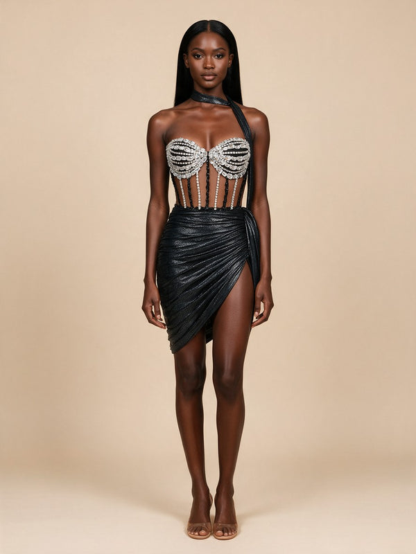 Vesper · Vestido mini con corsé de cristales, falda drapeada negra metalizada y pañuelo al cuello