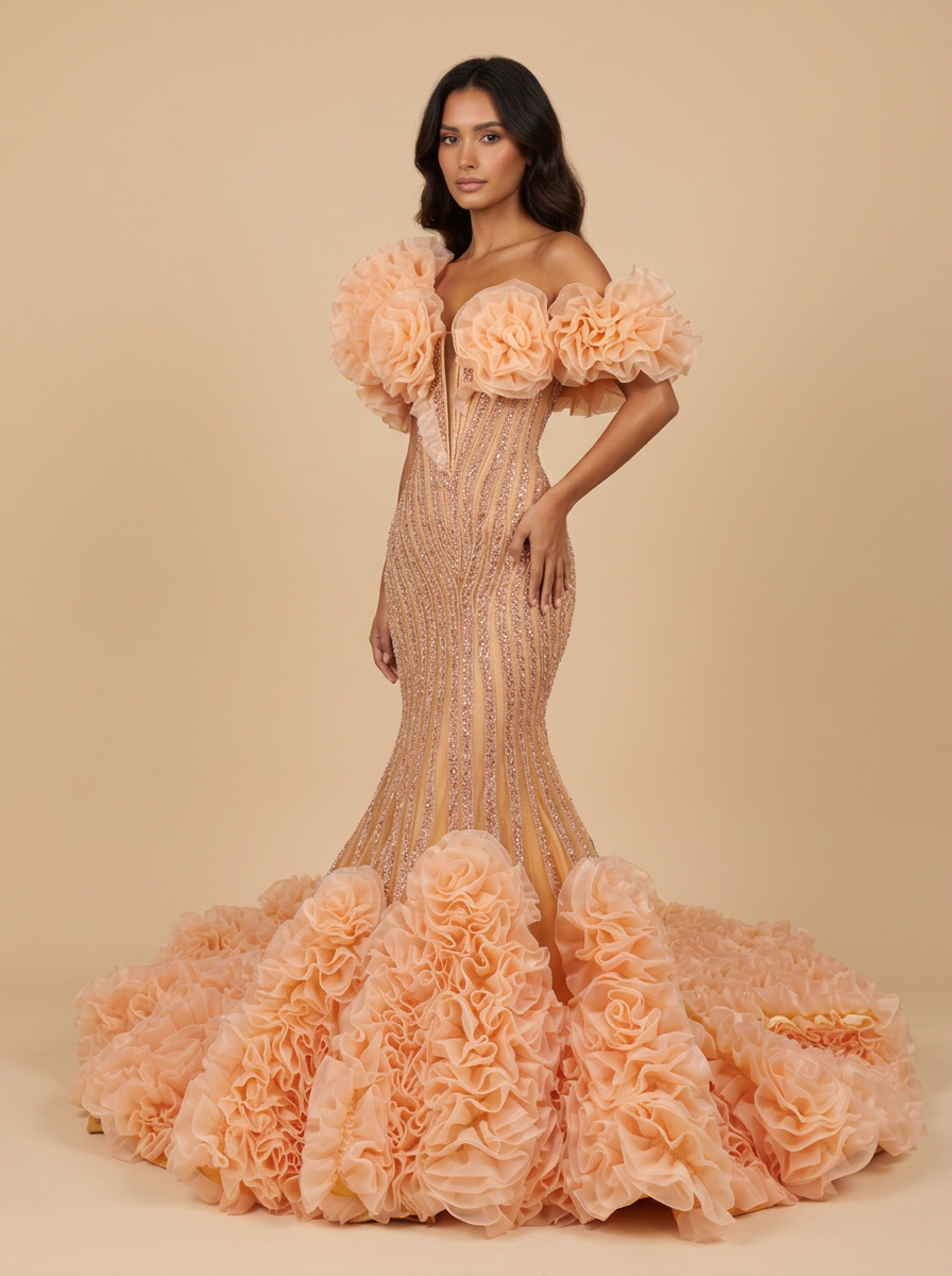 Antonella · Vestido de quinceañera sirena melocotón de encaje con volantes y espalda descubierta