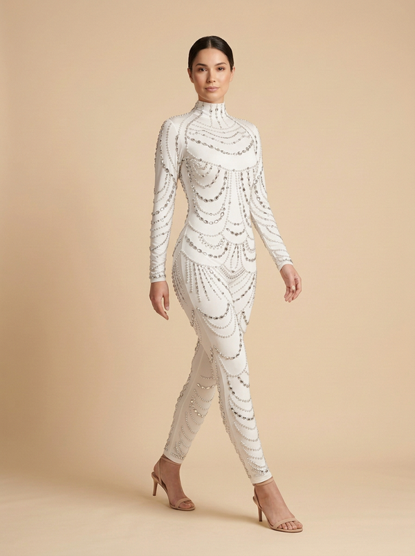 Diamante · Mono de pedrería blanca con manga larga y cuello alto
